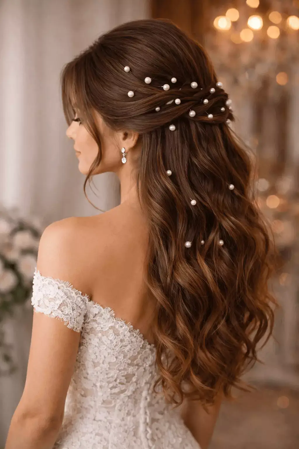 Bride with long hair in a romantic half-up half-down hairstyle, soft mermaid waves, pearl pins scattered along the twist for subtle shine; elegant indoor lighting