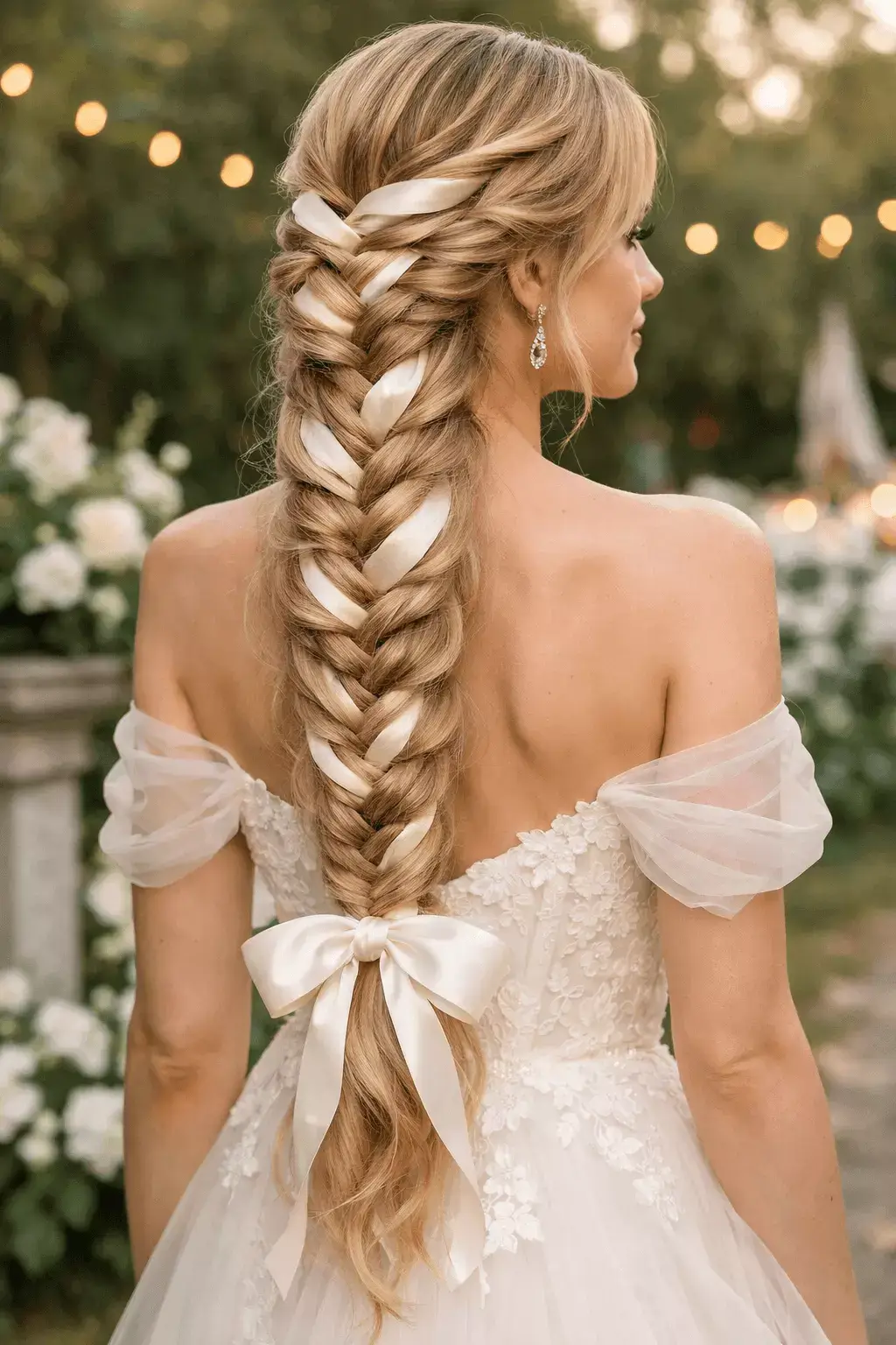 Long braided wedding hairstyle with satin ribbon woven into a fishtail braid; outdoor garden mood