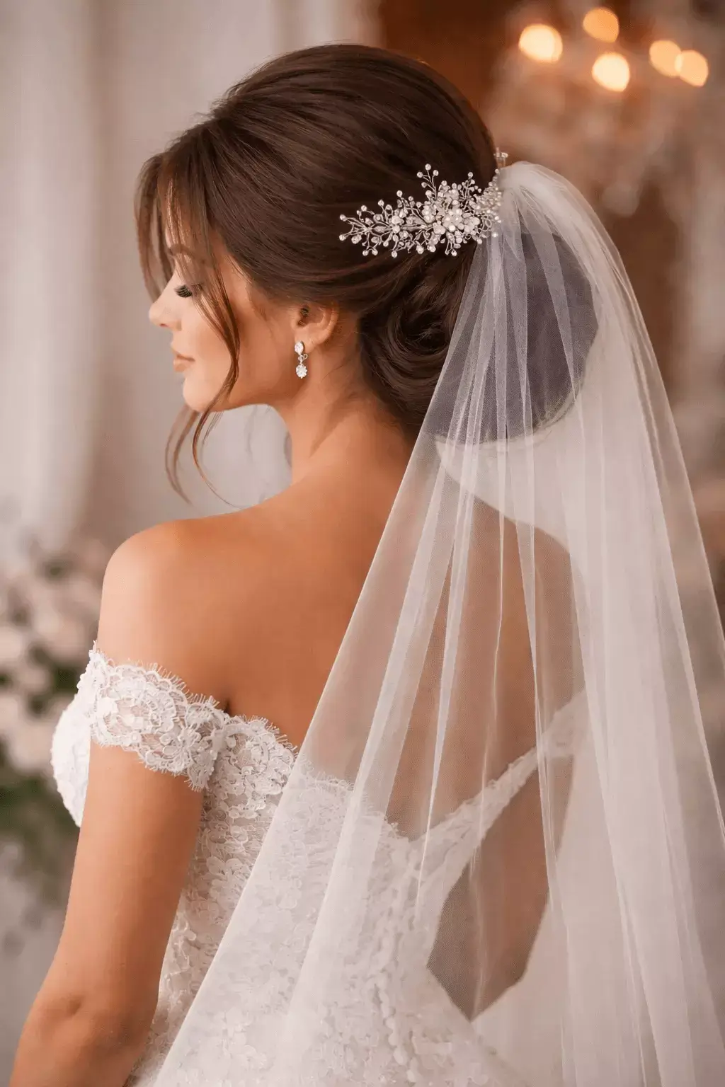 Bride with long hair in a low chignon wearing fingertip wedding veil attached with comb