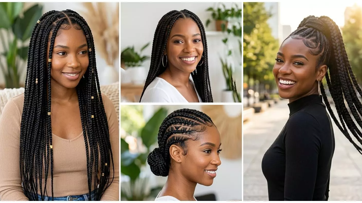 black braided hairstyles collage with knotless braids, box braids, cornrows, and a braided ponytail
