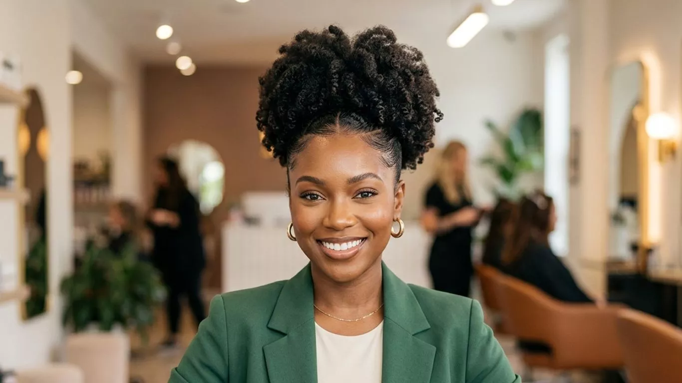 black woman with a polished textured hairstyle for a black hairstyles hub hero image