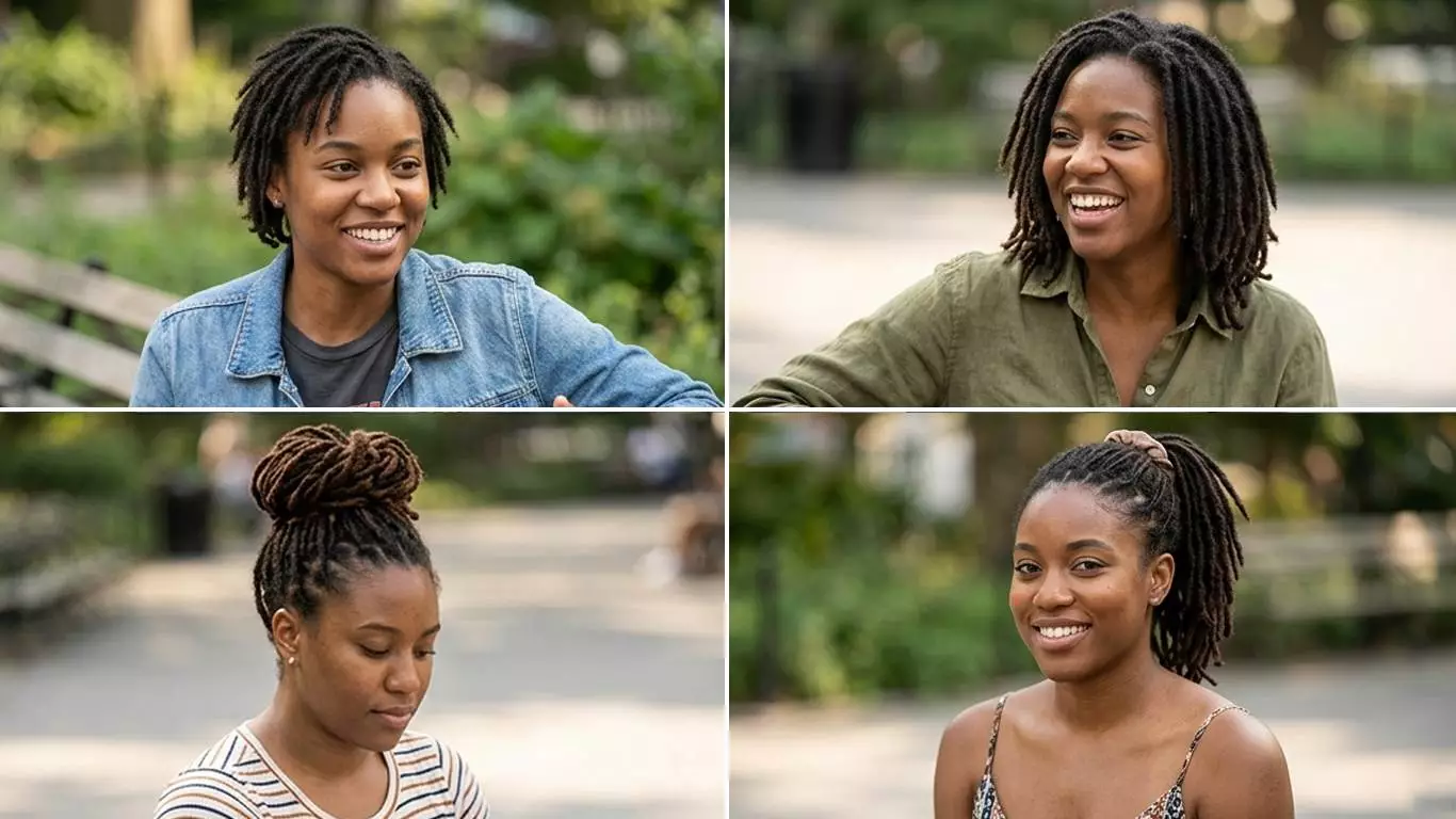 black loc styles collage with starter locs, shoulder-length locs, a loc updo, and neat everyday locs