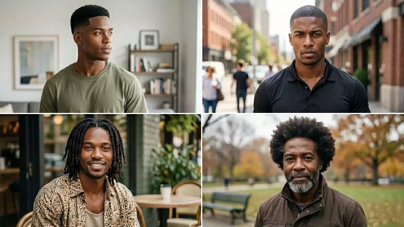 black men hairstyles collage with a taper, fade, twists, and an afro