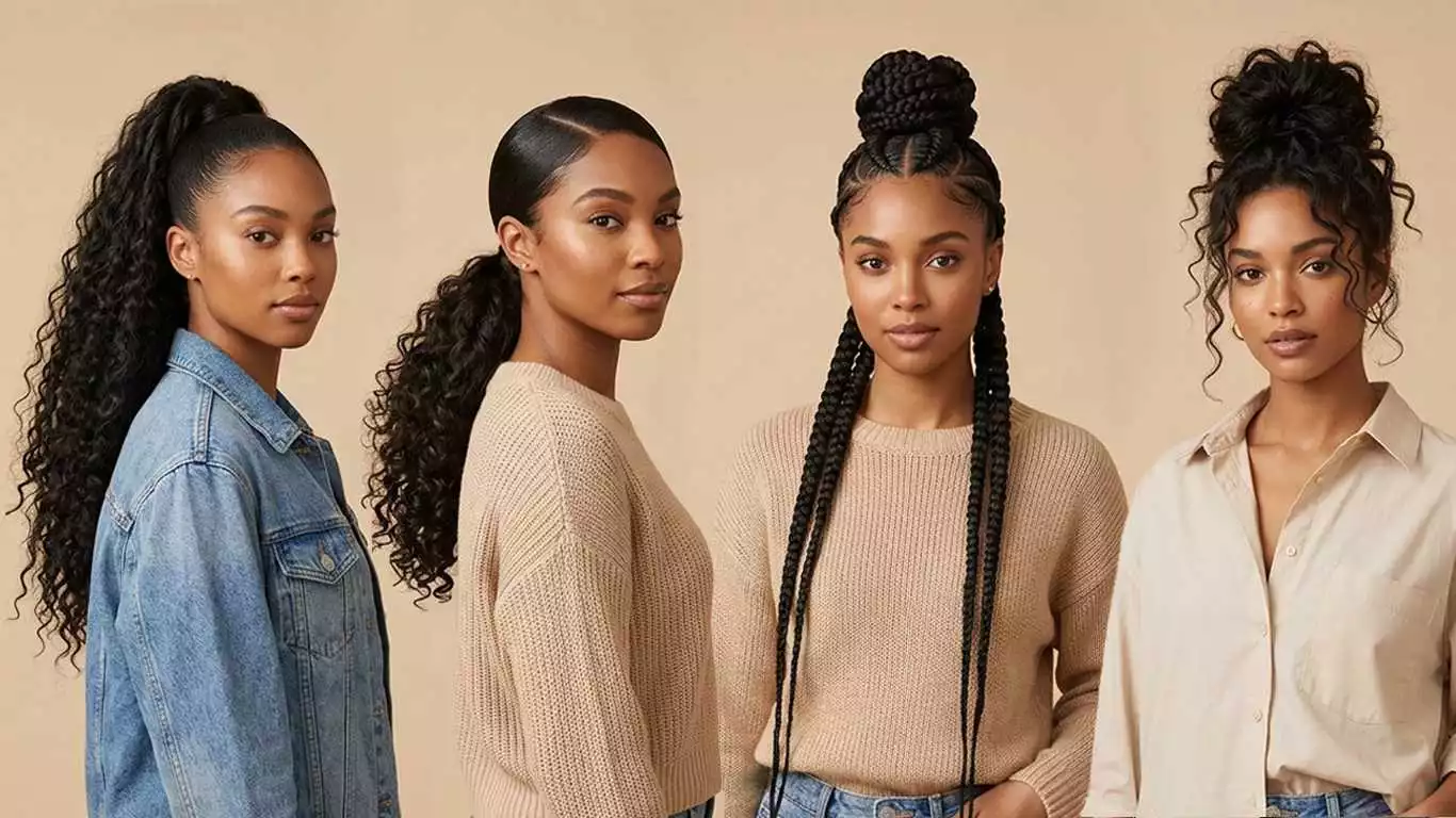 black ponytail and updo hairstyles collage with a high ponytail, sleek ponytail, a braided updo, and an elegant messy updo