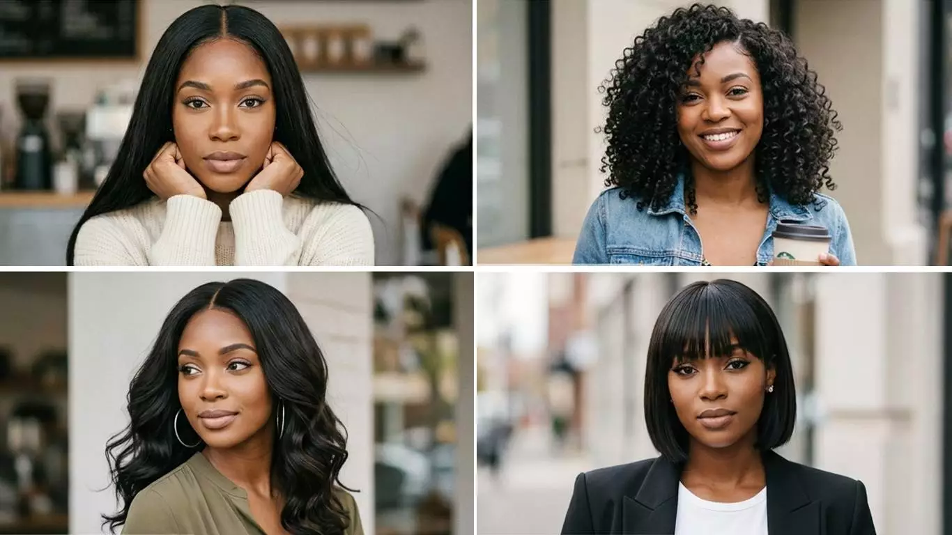 black weave hairstyles collage with long straight weave, curly weave, body-wave weave, and a bob weave