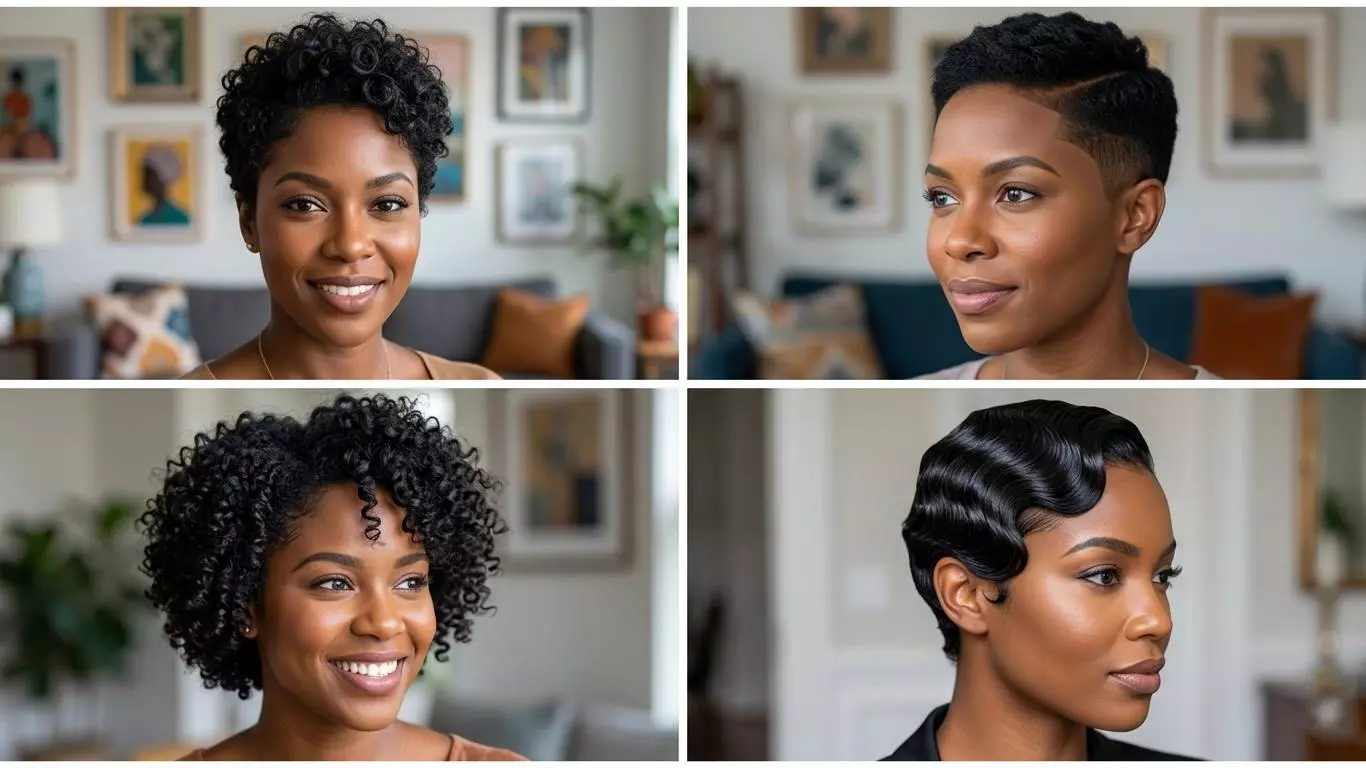 short black hairstyles collage with cropped curls, a tapered cut, a close-cut pixie, and finger waves