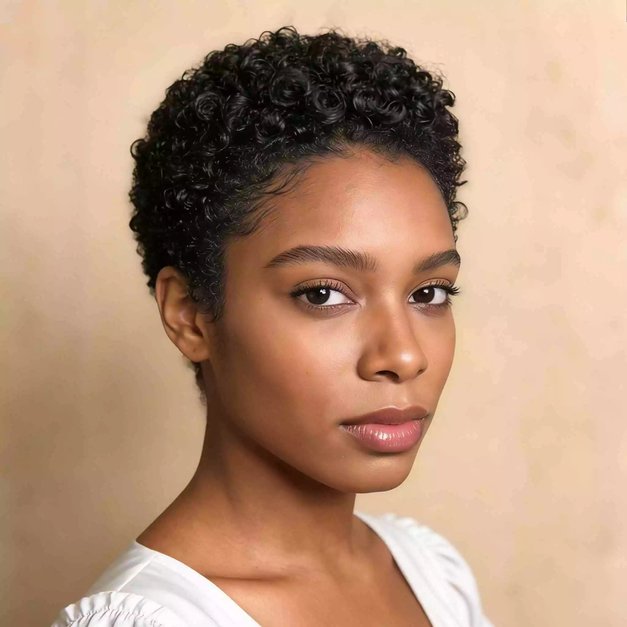defined cropped wash-and-go short natural hairstyle for black women with visible curl pattern and a compact rounded finish