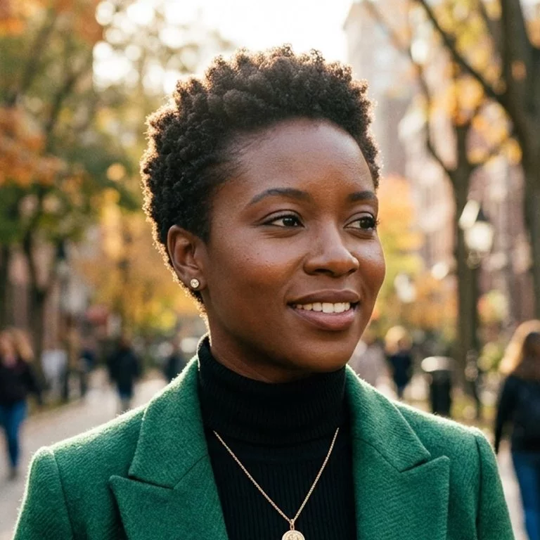 shaped twa hairstyle for black women with short natural texture, light crown lift, and a clean tapered outline