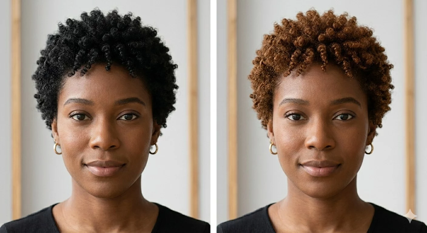short natural hairstyle color preview placeholder with compact curls, warm brown tone, and defined texture for virtual try-on comparison