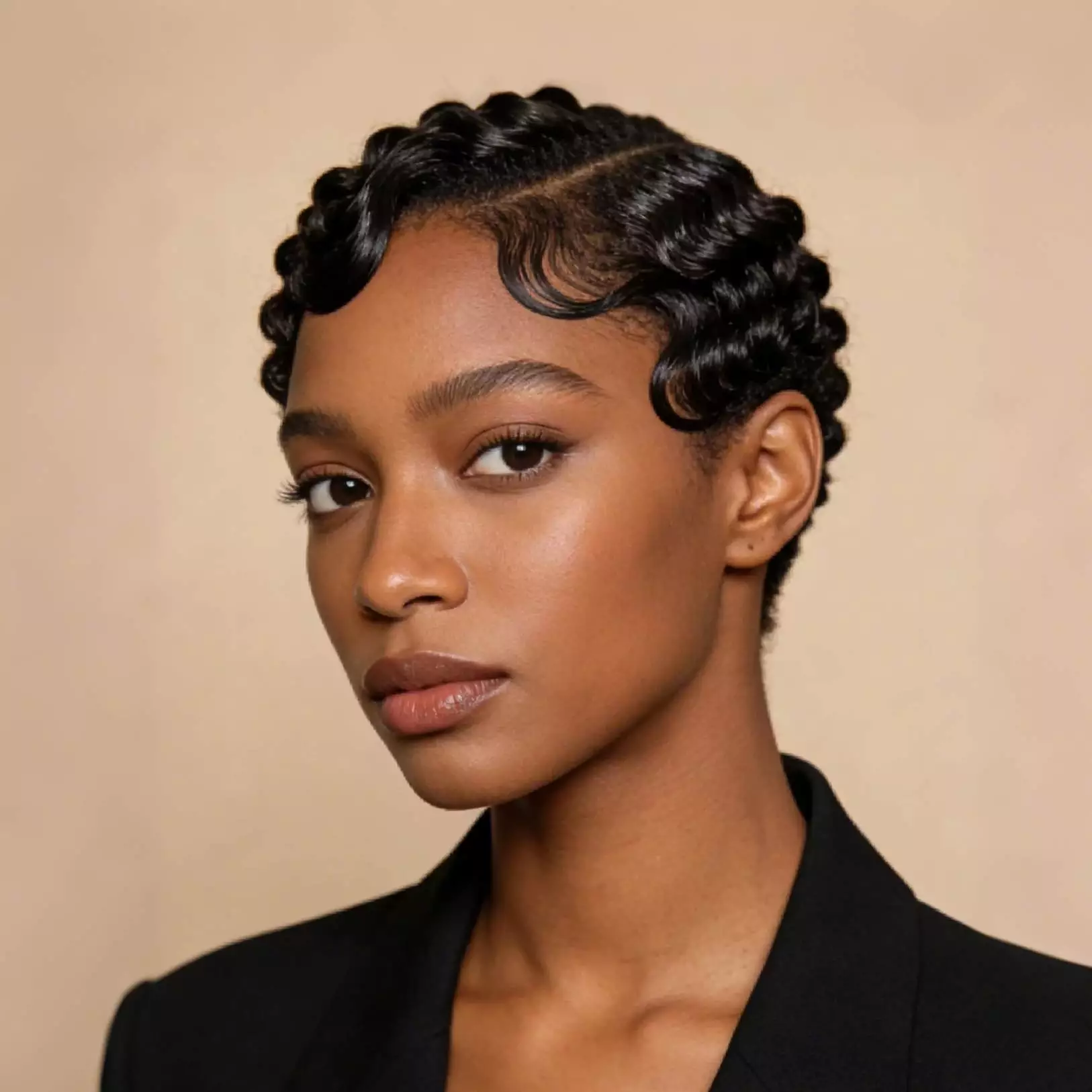 side-part finger coils on short natural hair for black women with shaped definition and a more deliberate face-framing finish