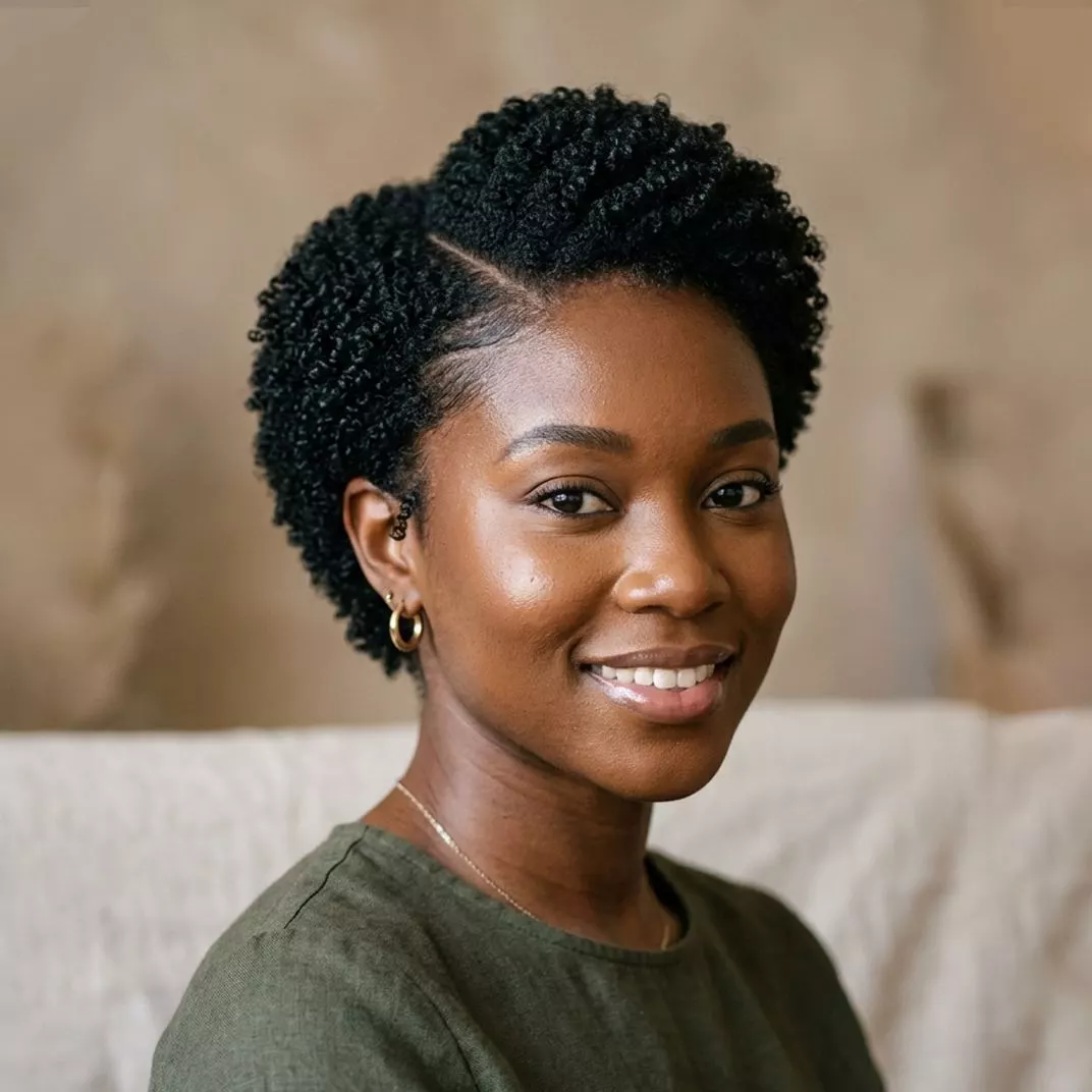 side-part twa hairstyle for black women with short natural texture, clean shape, and subtle directional styling