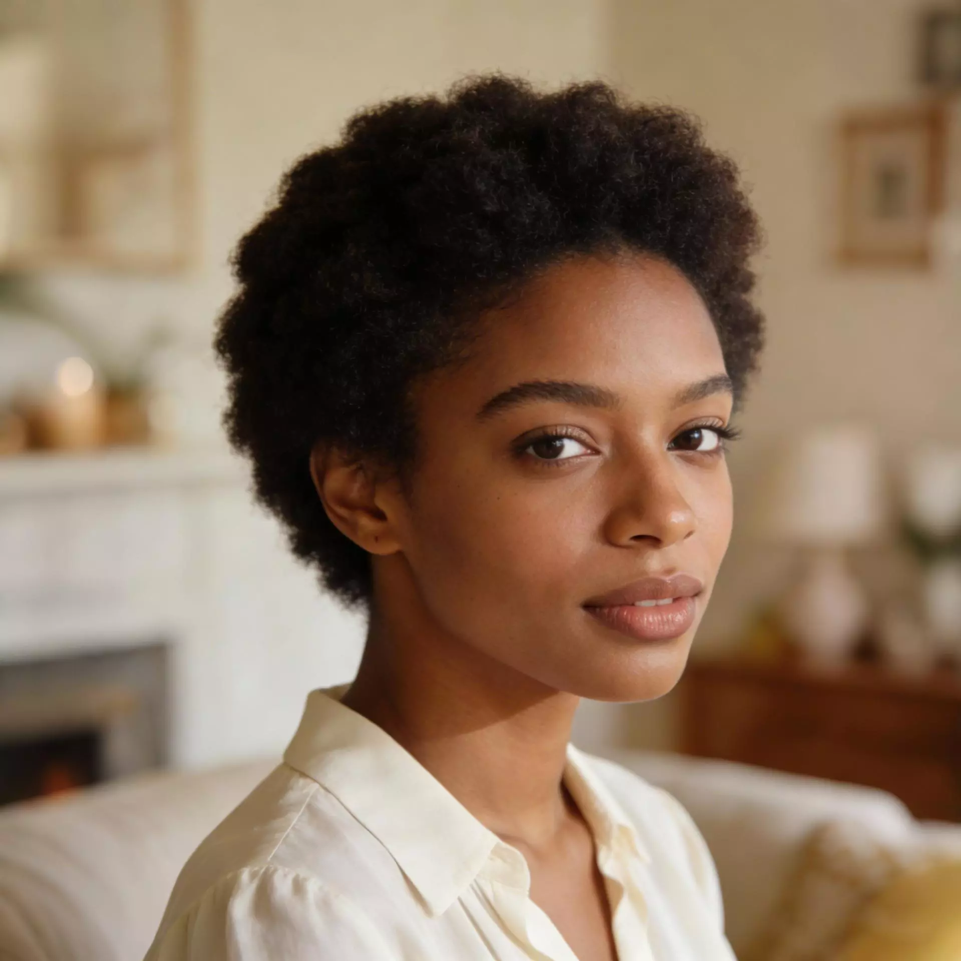 soft mini afro short natural hairstyle for black women with compact rounded volume and visible natural texture