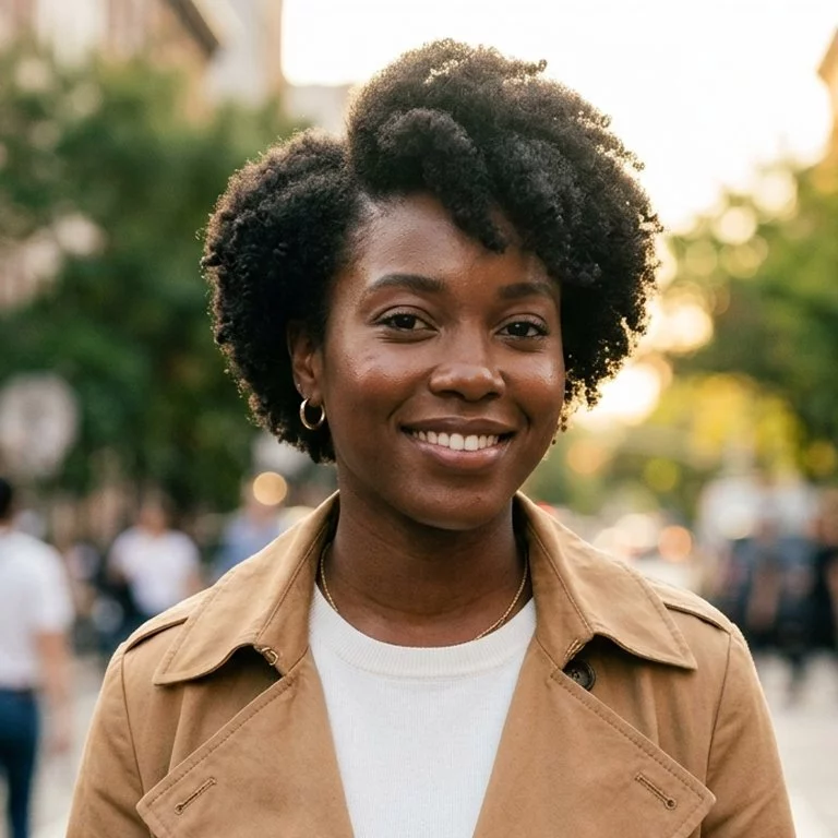 soft side-shaped short natural hairstyle for black women with compact volume and gentle face-framing direction