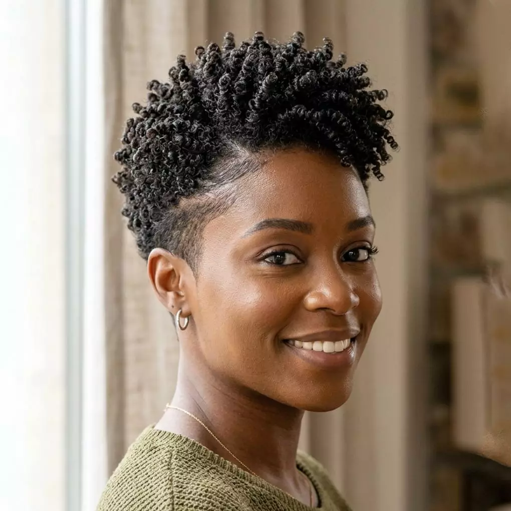 tapered coil cut for black women with defined short coils, lifted top, and neatly tapered sides