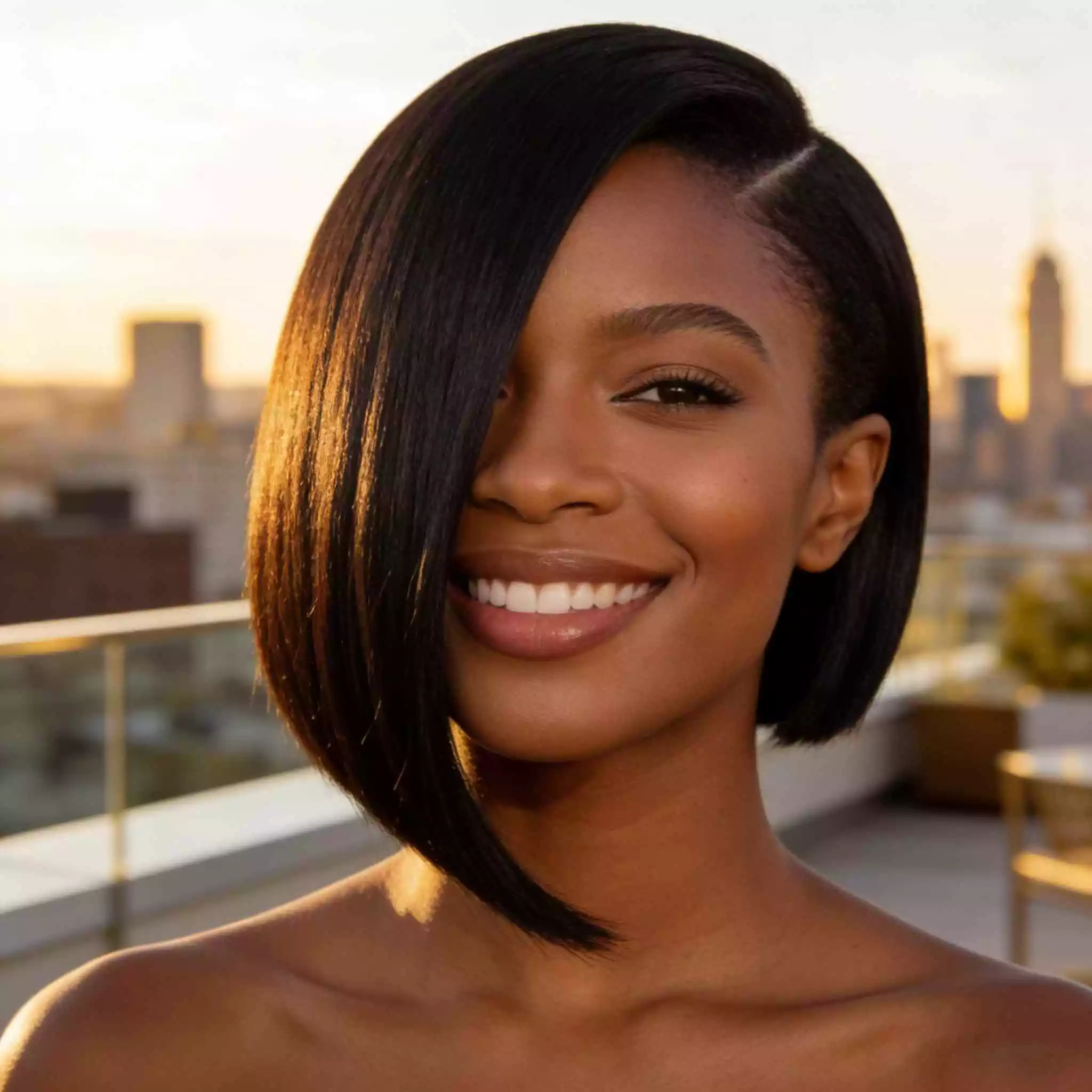 asymmetrical bob weave for black women with angled line, strong shape, and modern edge