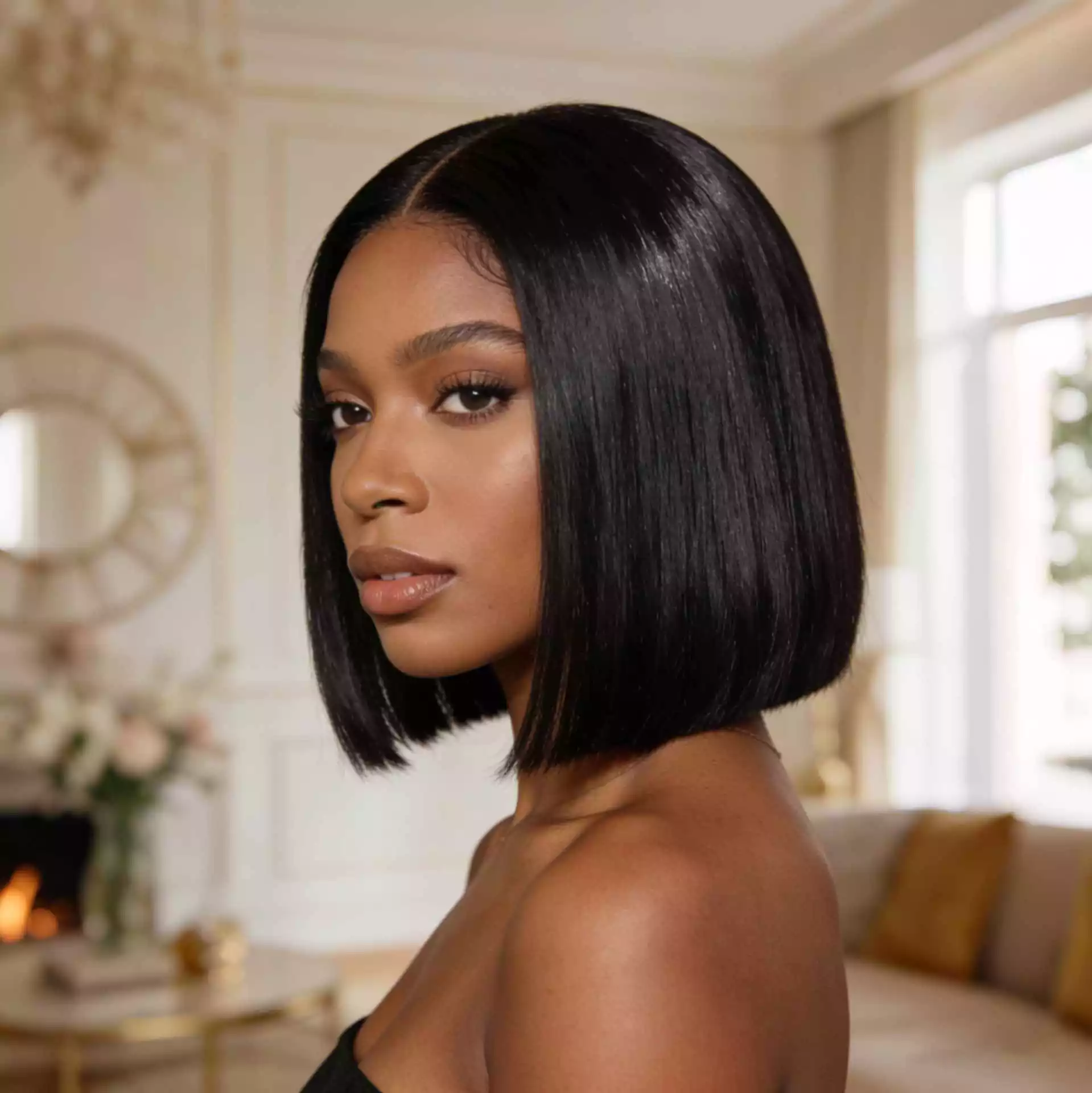 blunt bob quick weave for black women with a clean cut line, sleek finish, and sharp bob shape