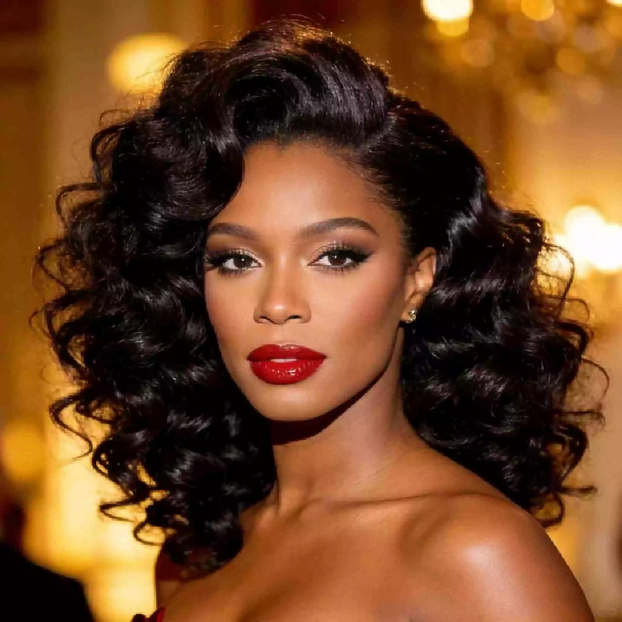 hollywood-inspired curly weave for black women with fuller curls, glamorous finish, and statement shape