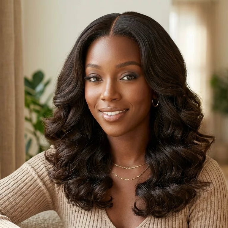 middle-part loose curl weave for black women with soft shape, balanced volume, and center part