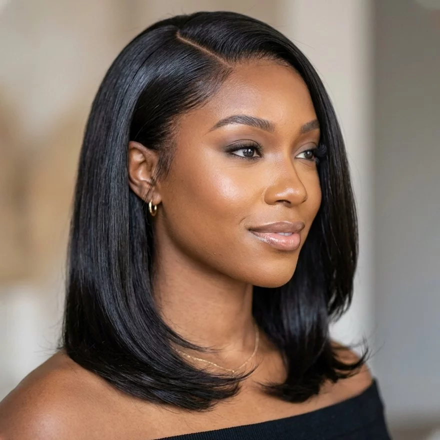 side-part sew-in lob for black women with polished length, soft framing, and shoulder-grazing shape