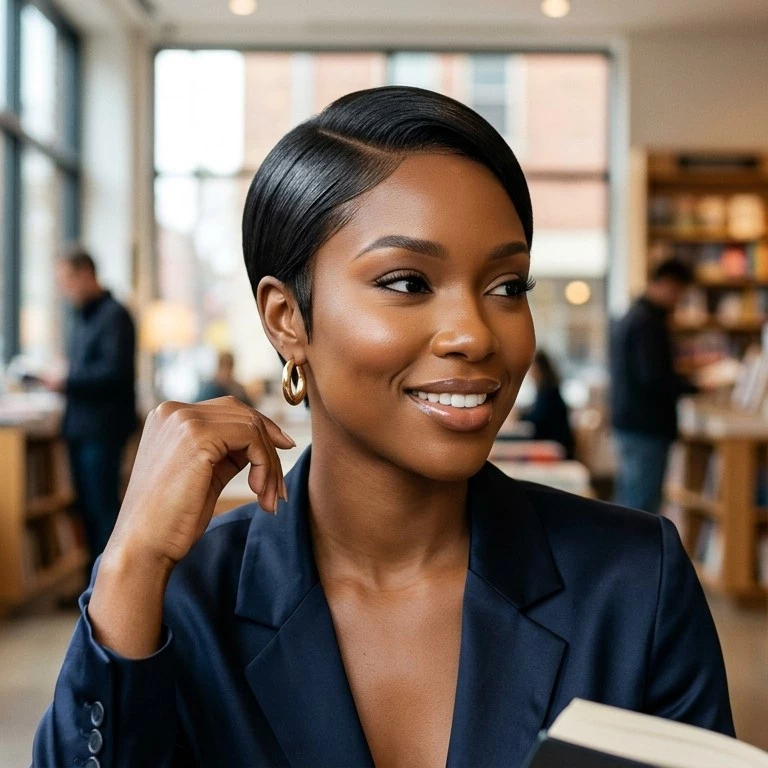 sleek cropped weave for black women with close shape, polished finish, and lighter outline