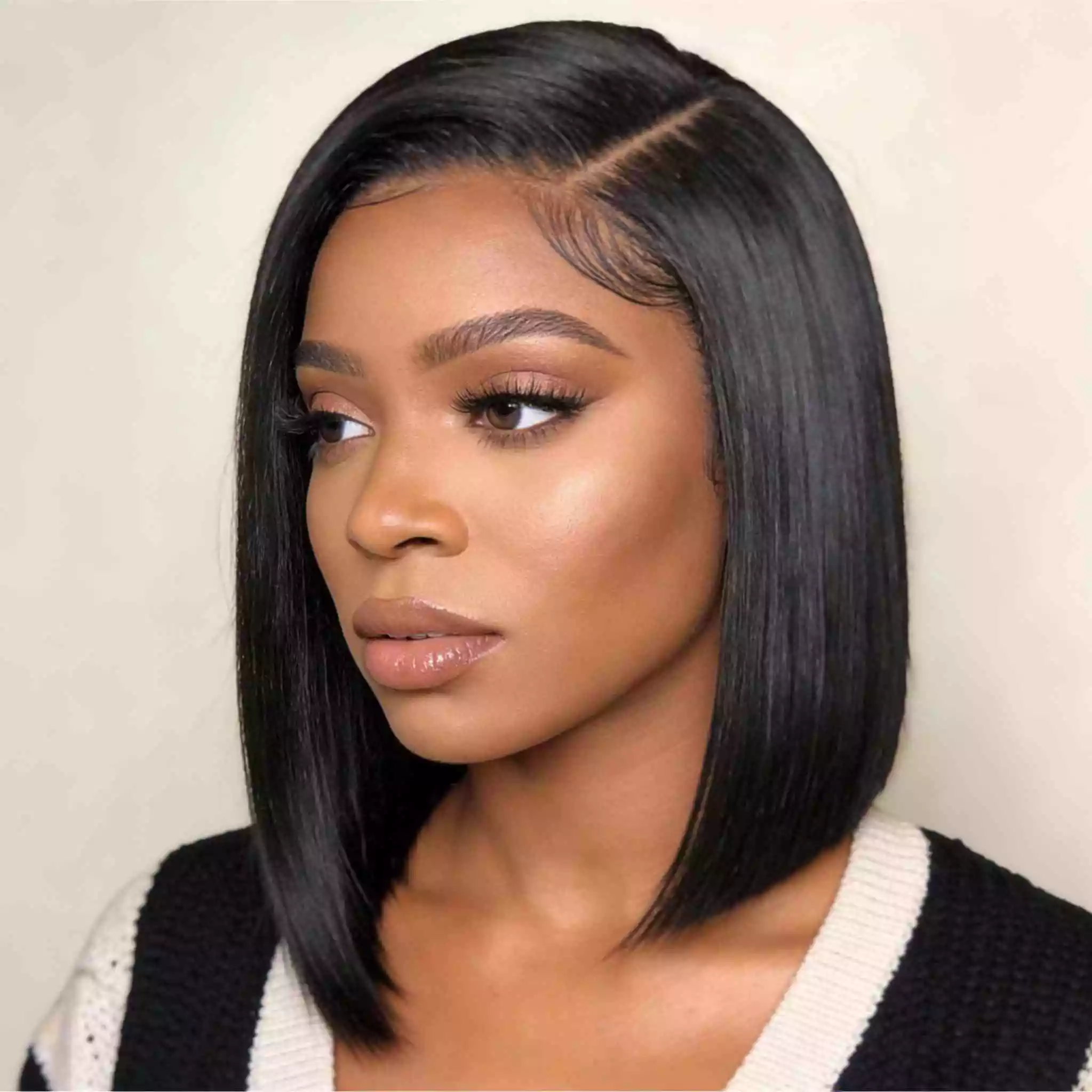 sleek side-part quick weave for black women with a smooth side part, polished finish, and controlled outline