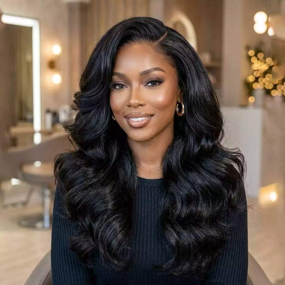 voluminous glam sew-in for black women with fuller density, polished finish, and glamorous shape