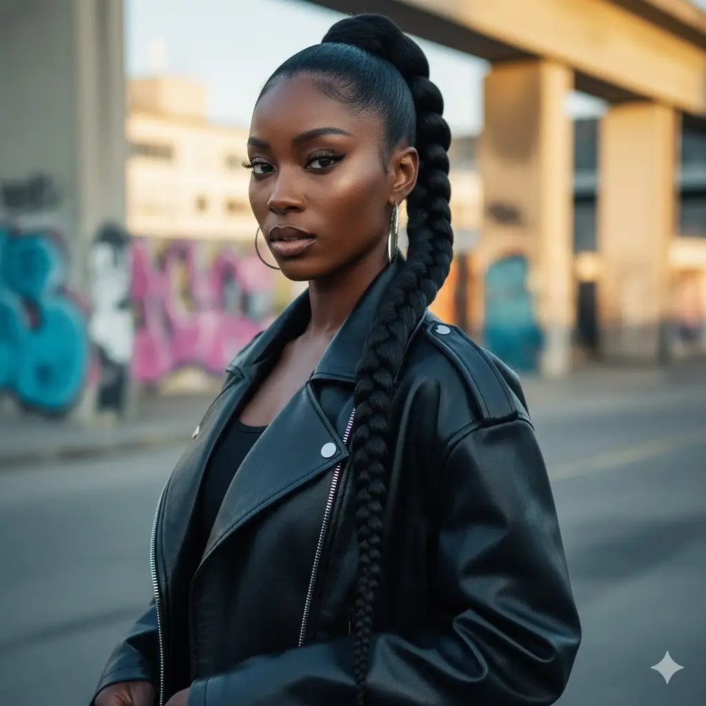 Sleek high pony with thick wrap-around braid, street-style 2026 staple