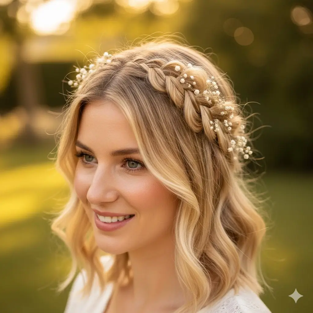 Delicate double French braids wrapped into a crown with face-framing wisps