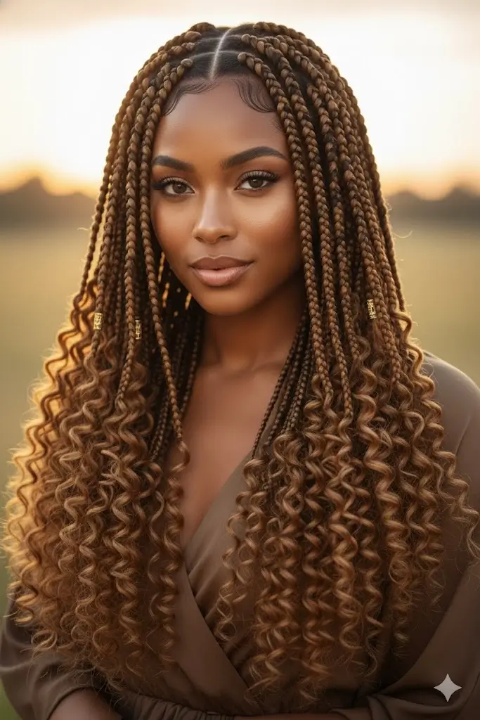 Thick raised goddess braids flowing into soft curls with gold cuffs and baby hairs, ultra-long protective style 2026