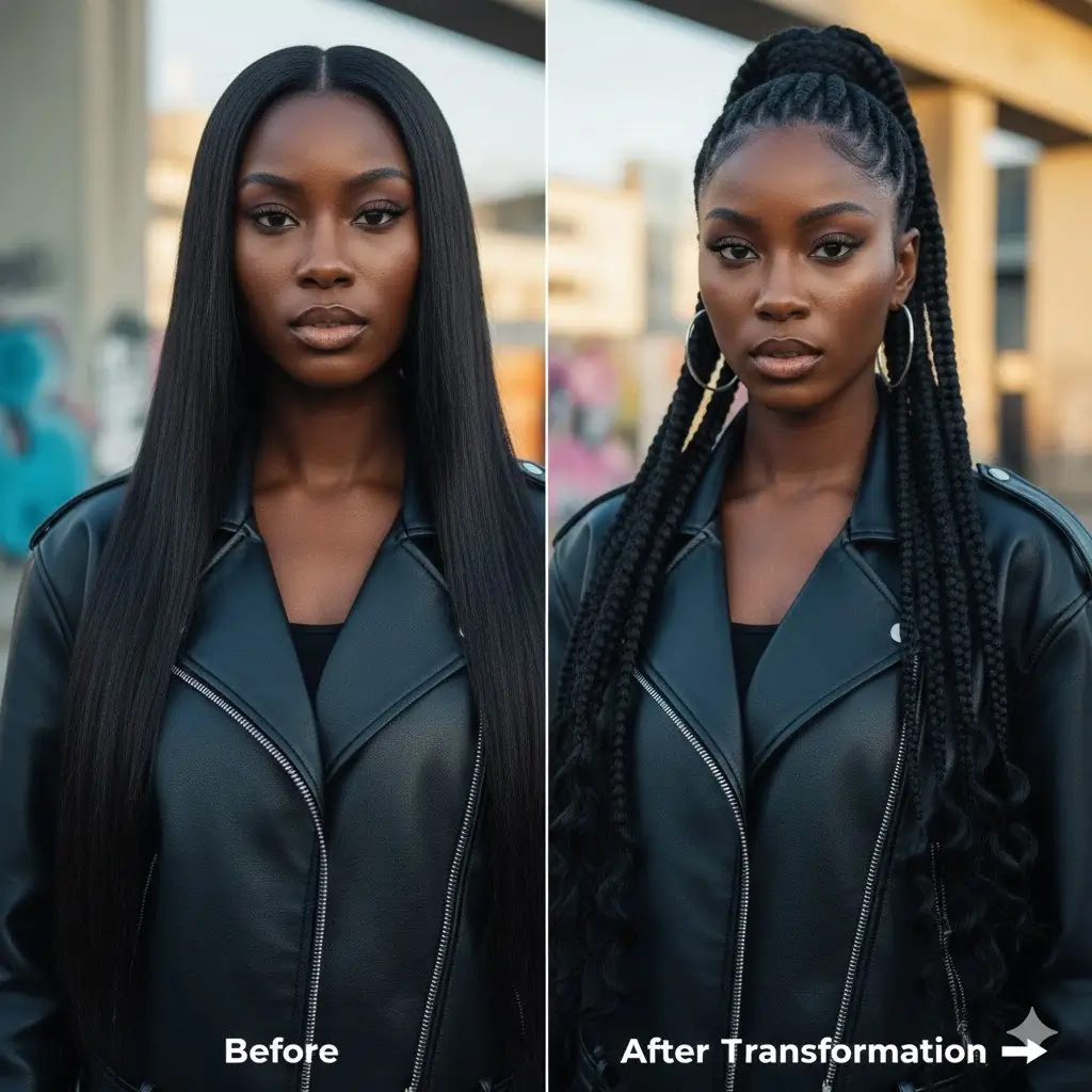 Before: flat long hair | After: goddess braids with instant lift and polished finish