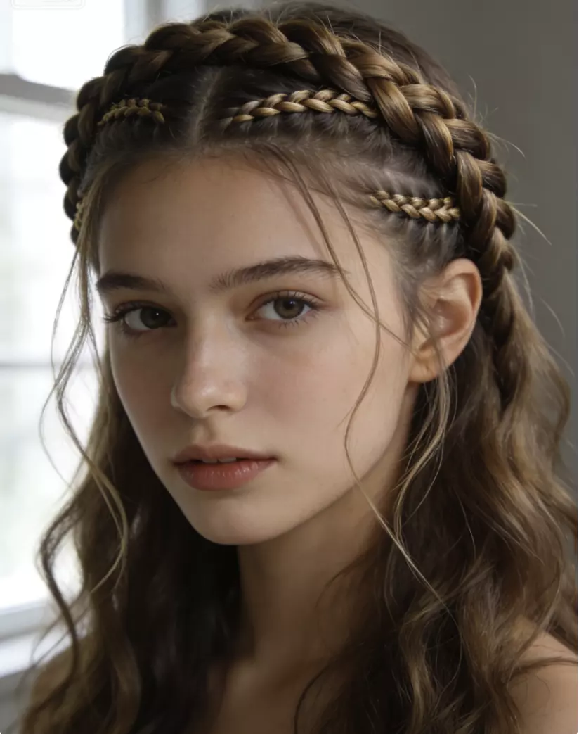 Delicate double French braids wrapped into a crown with face-framing wisps