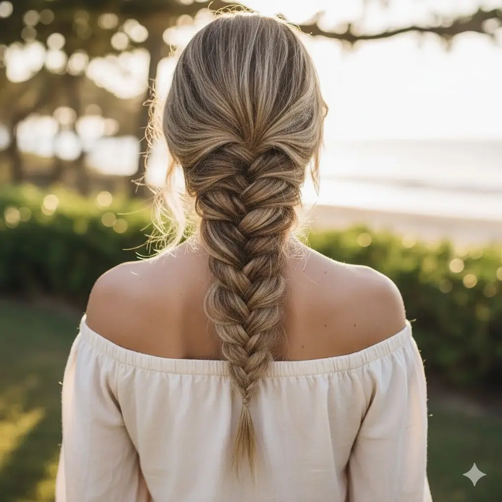 Intricate long fishtail braid with slightly messy texture