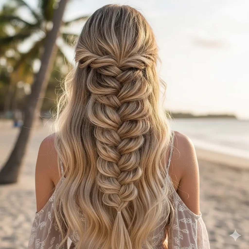 Voluminous pulled-out fishtail braid with soft waves mixed in
