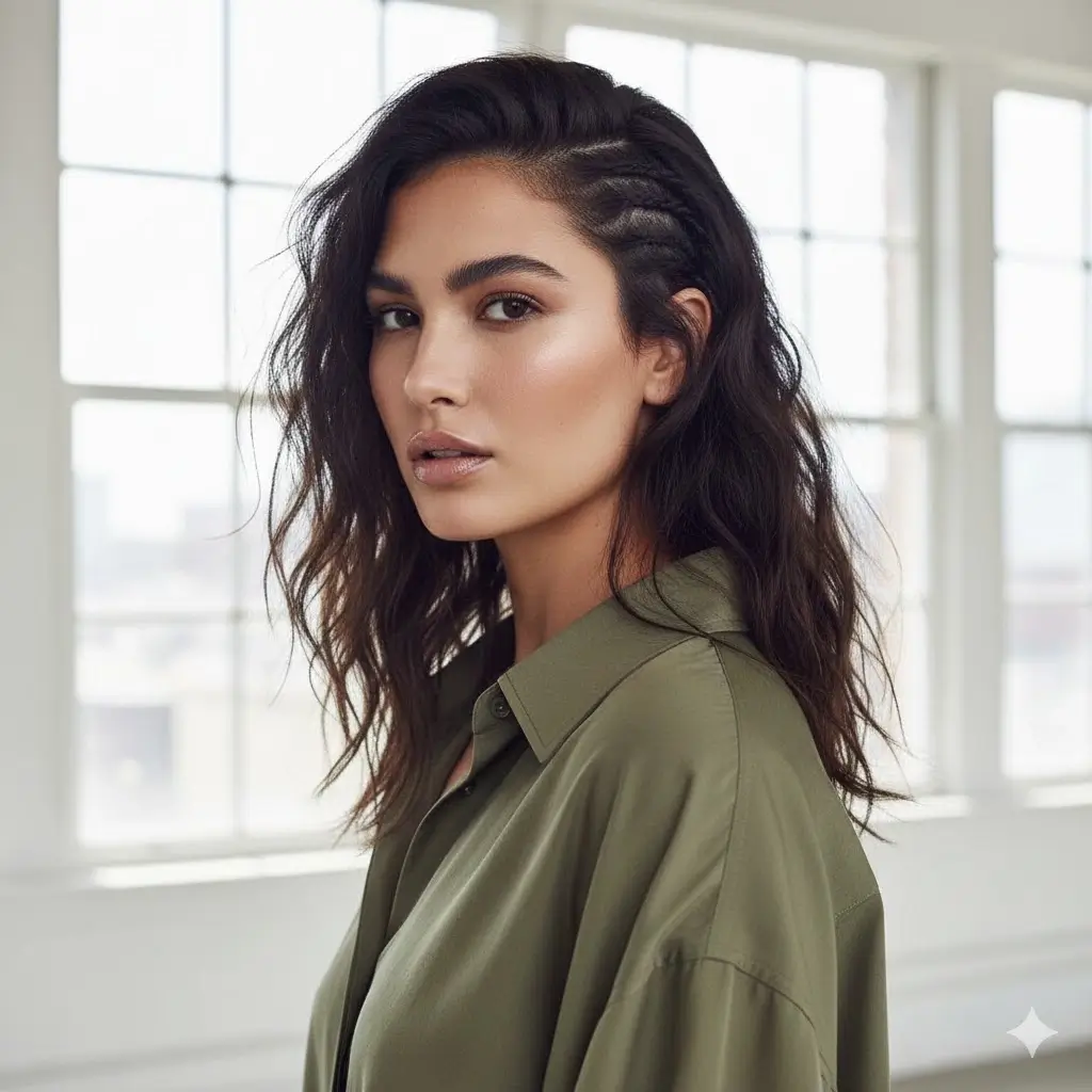 Ultra-thin zig-zag side braid with loose waves, editorial cool-girl look