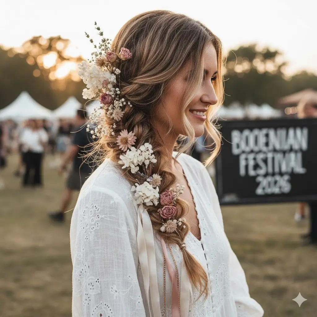 Loose, soft boho side braid woven with delicate dried flowers and pale silk ribbons, perfect for a 2026 summer music festival or wedding