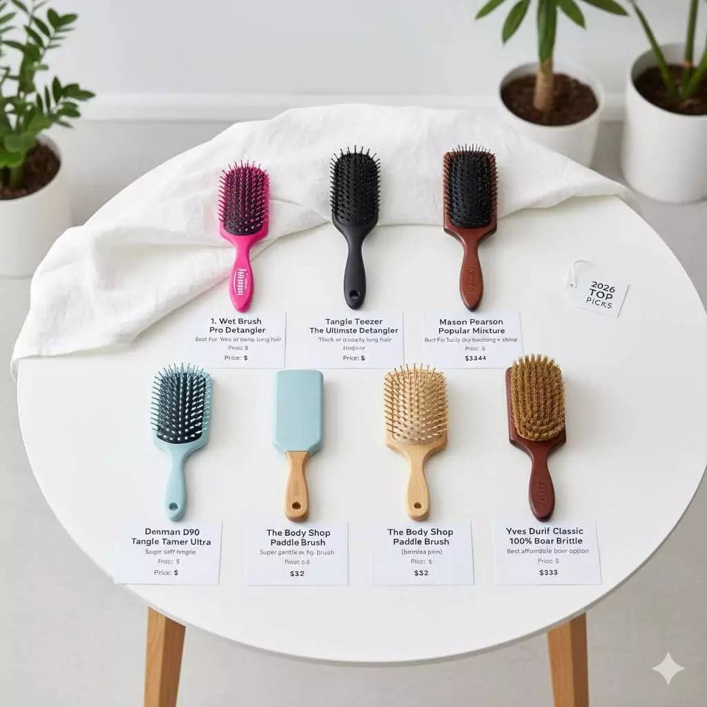 Flat lay of the top 6 brushes for long hair brushing in 2026