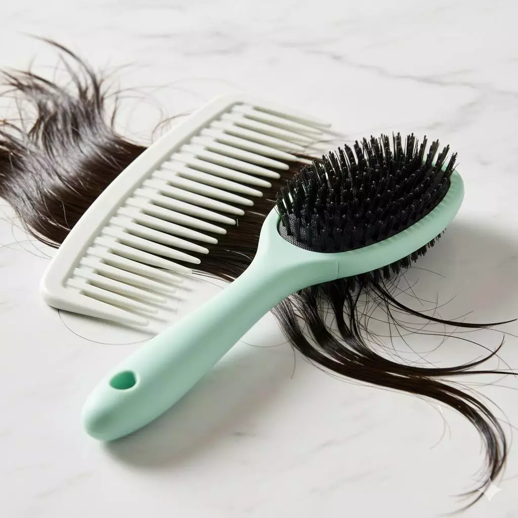 Wide-tooth comb and flexible detangling brush—gentle tools that reduce breakage