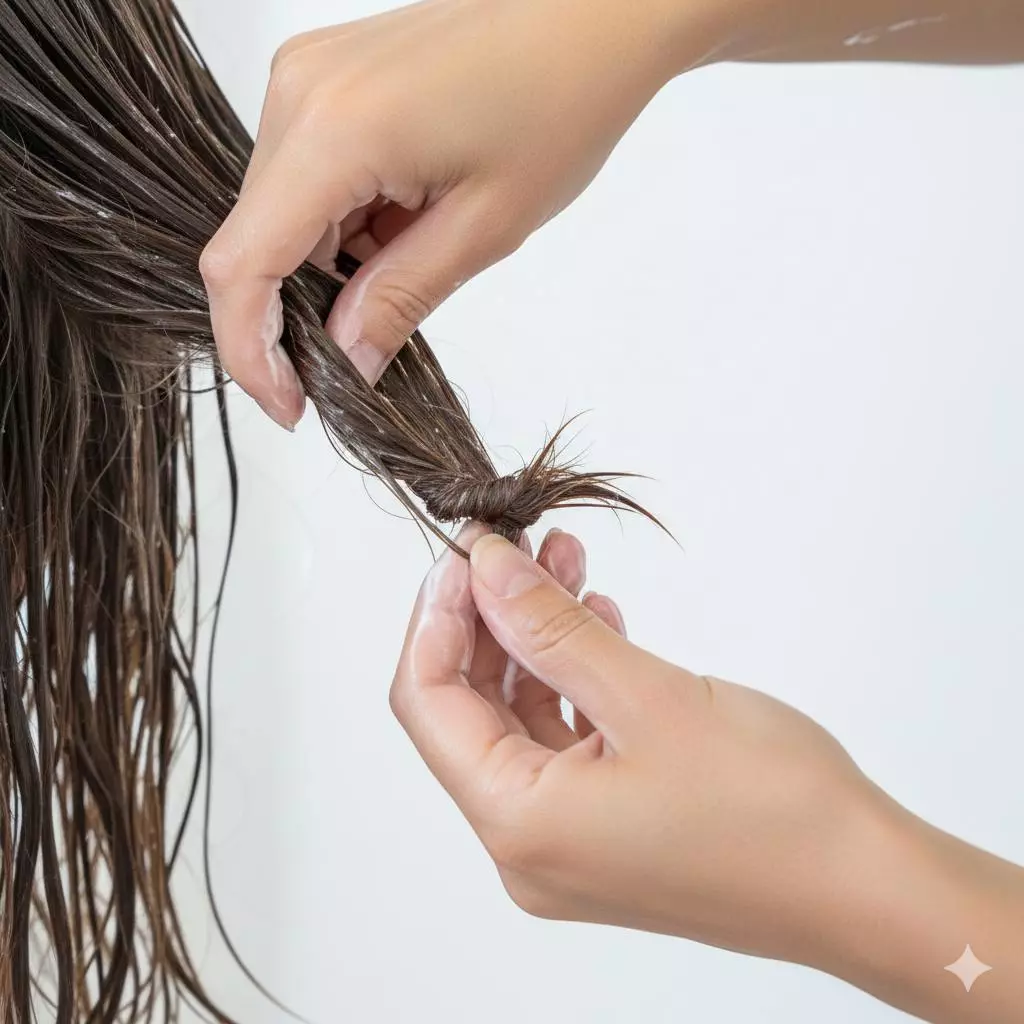 Detangling technique: hold above a knot and work ends upward in small sections with slip