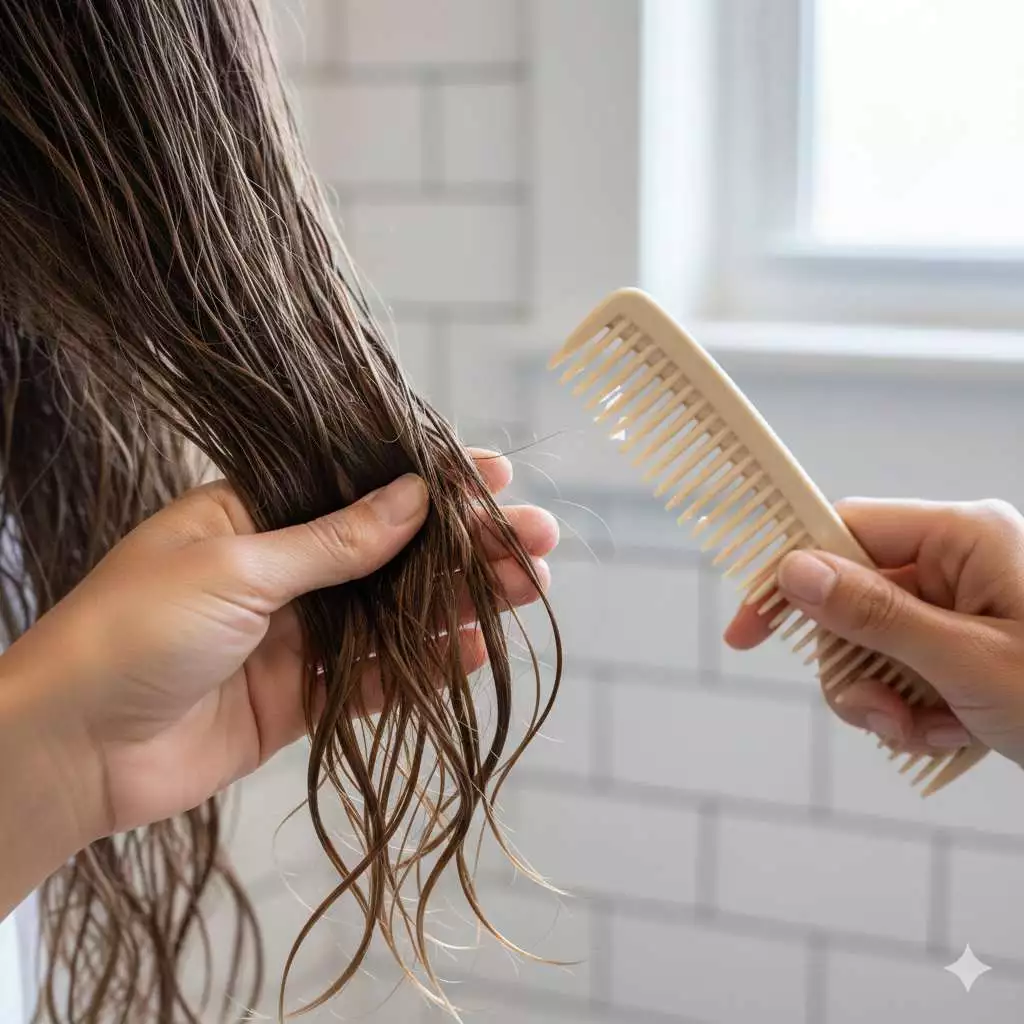 Gentle detangling: holding above a knot while gliding through conditioned ends upward with slip