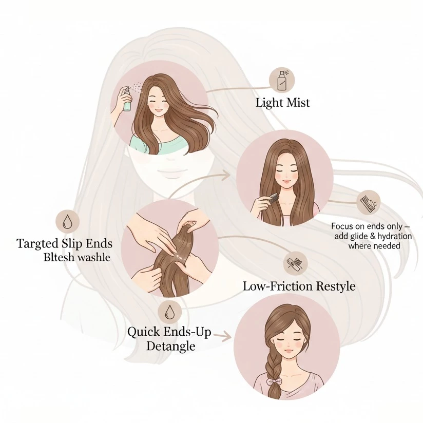 Between-wash long hair refresh: light mist, targeted slip on ends, quick ends-up detangle, low-friction restyle