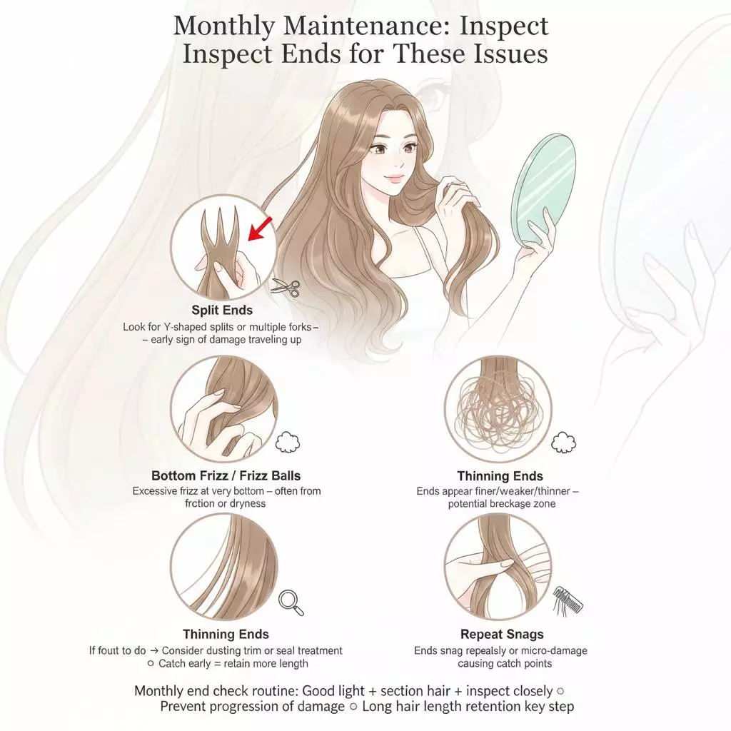 Monthly long hair maintenance end check: inspect ends for split ends, bottom frizz, thinning, and repeat snags