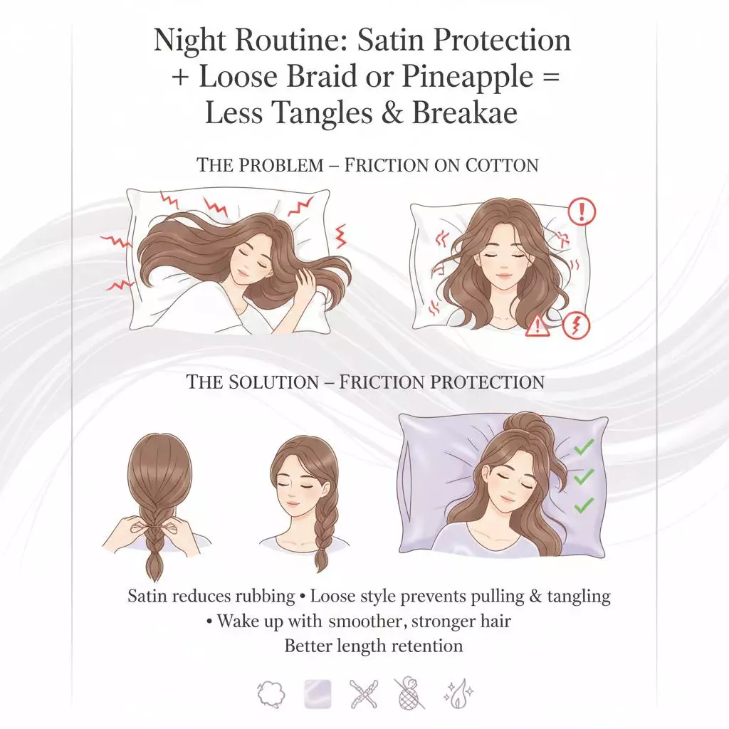 Night friction protection for long hair: satin pillowcase plus loose braid or pineapple to reduce tangles and breakage