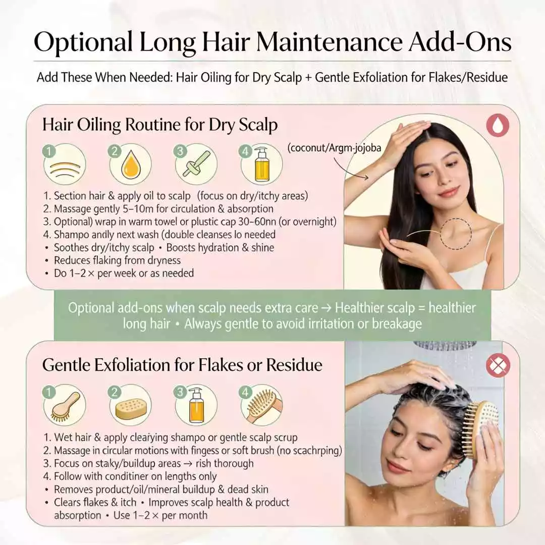 Optional long hair maintenance add-ons: hair oiling routine for dry scalp and gentle exfoliation for flakes or residue