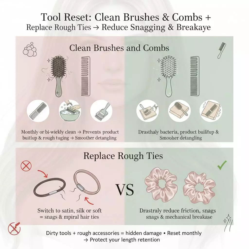 Long hair maintenance tool reset: clean brushes and combs, replace rough ties to reduce snagging and breakage
