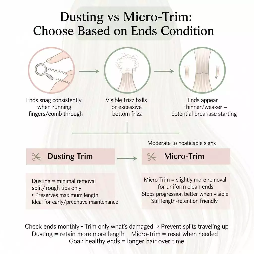 Trim strategy for long hair length retention: dusting vs micro-trim based on snagging, frizz at ends, and thinning