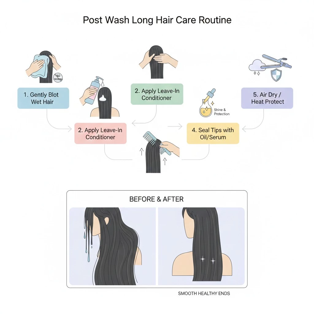 After-wash routine for long hair ends: blot, leave-in, gentle comb, seal tips, air-dry or protect before heat