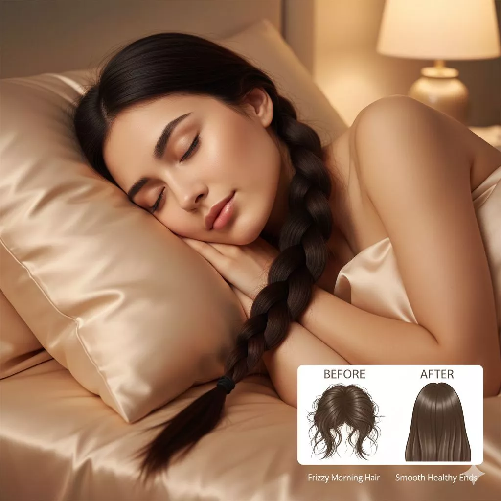 Satin pillowcase and loose braid to prevent frizz and split ends in long hair overnight