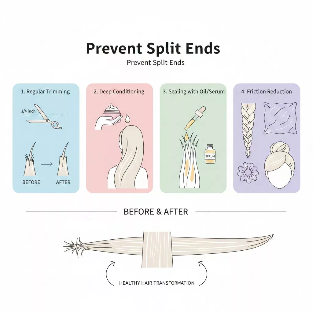Split end prevention methods for long hair: trimming, conditioning, sealing, and friction reduction