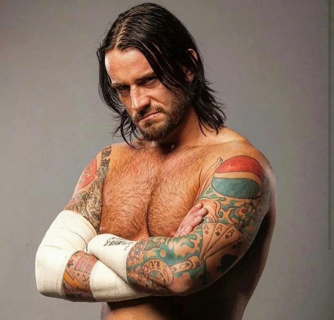 CM Punk in-ring long hair placeholder — dramatic movement, lived-in texture, clean outline