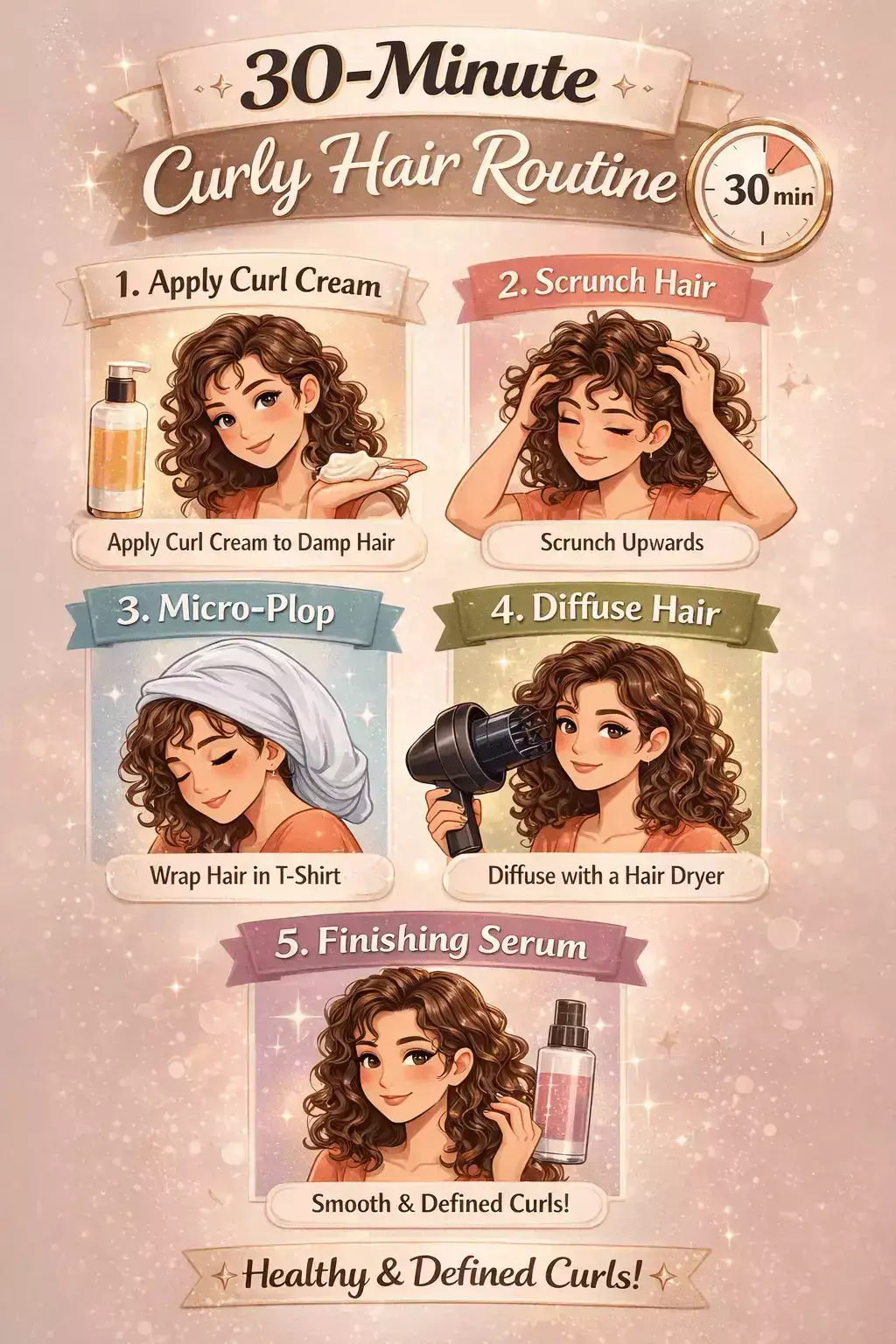 Infographic of the 30-minute long curly hair routine: curl cream, scrunching, micro-plop, diffusing, and finishing serum